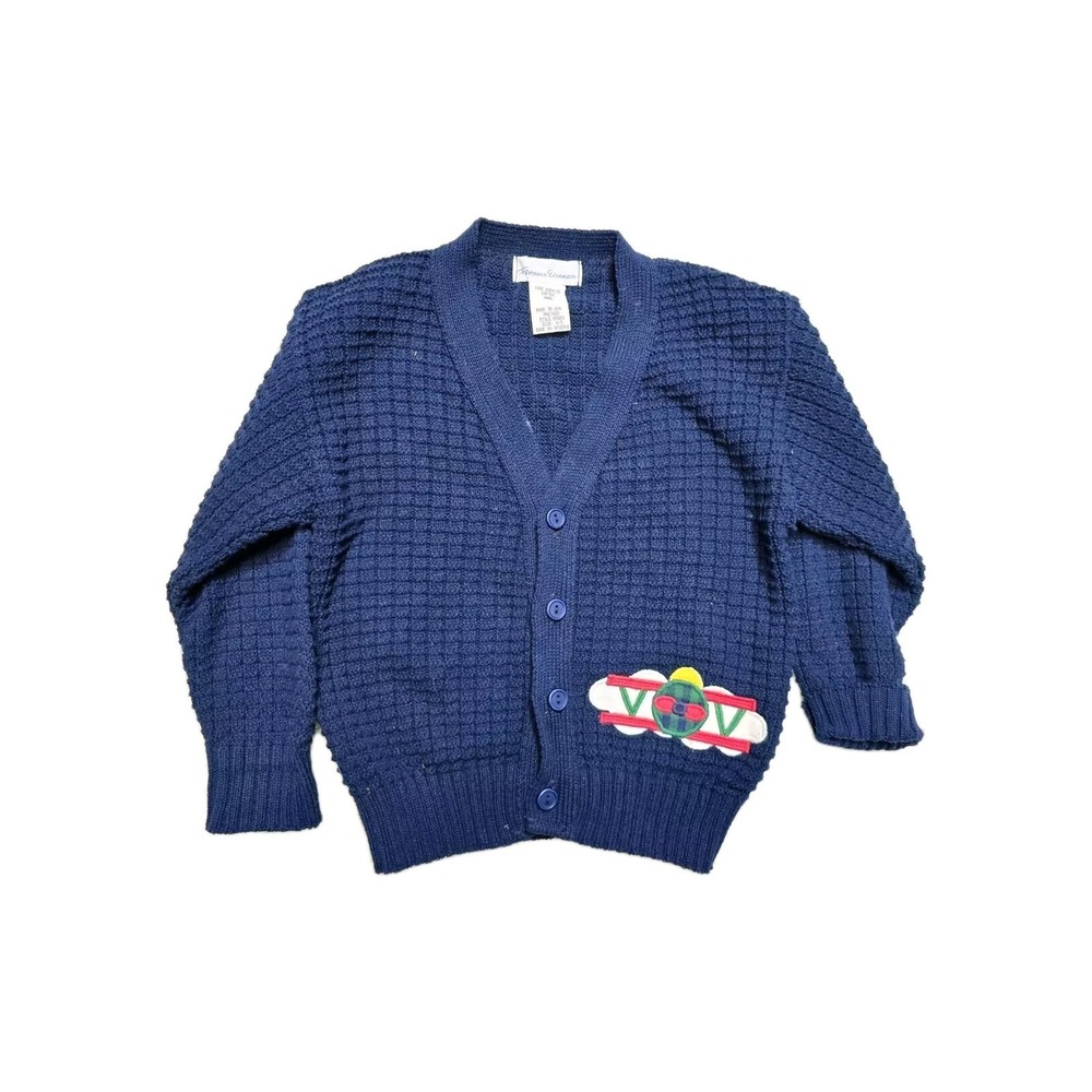 Vintage Boys Cardigan 4-5 Knit Navy Blue Airplane Florence Eiseman